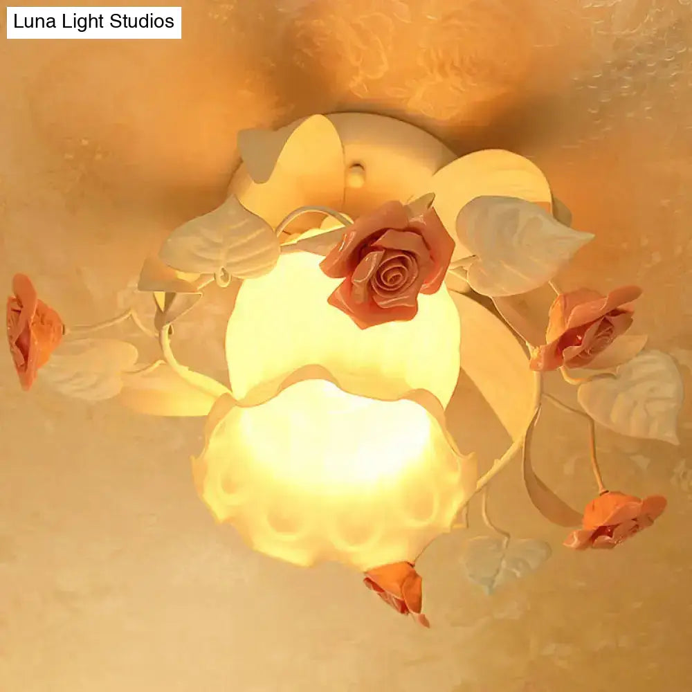 DecorBites™ Korean Garden Ruffle Semi Flush Mount Lamp - Elegant Flower Deco, White Frosted Glass Ceiling Light