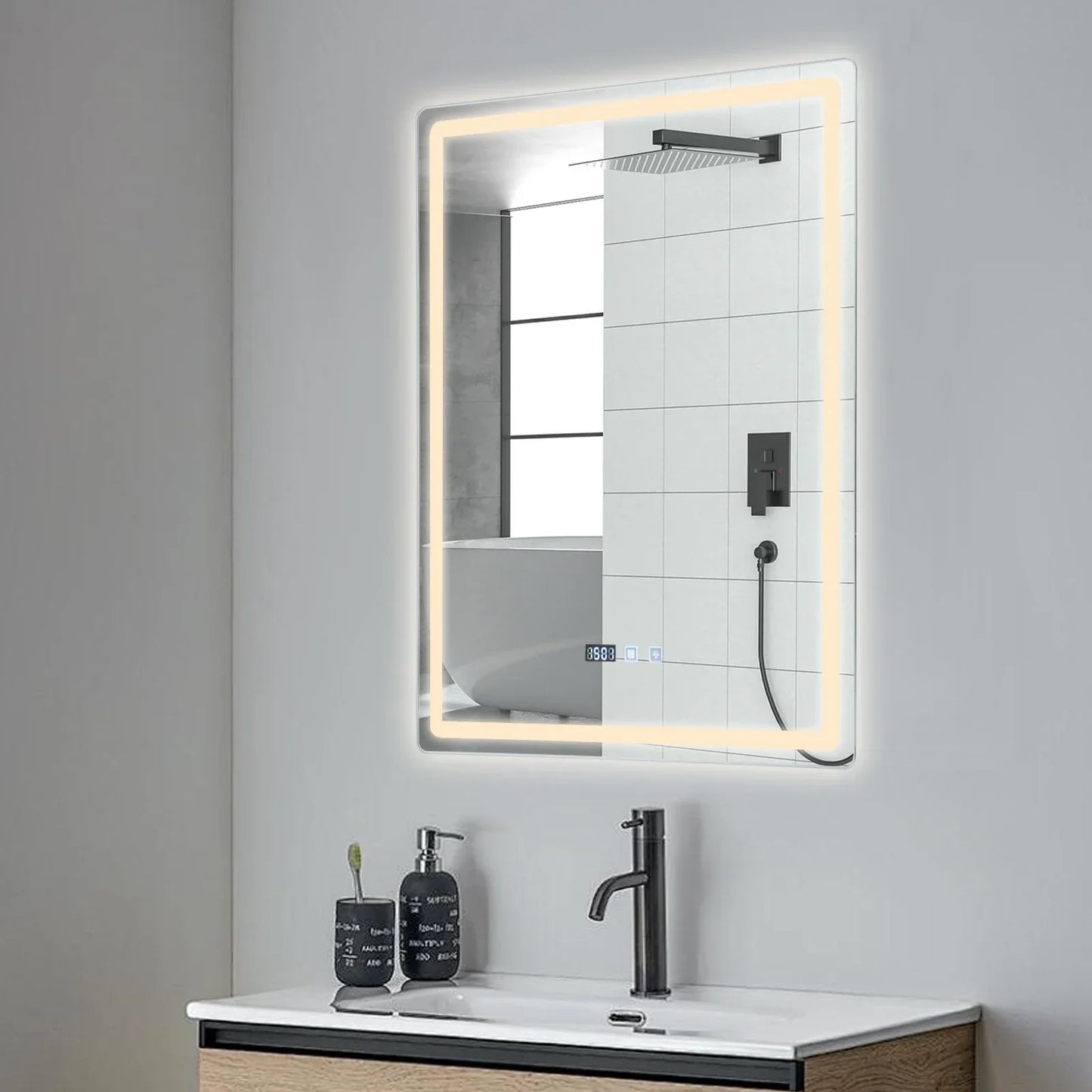 DecorBites™ LED Bathroom Mirror: Adjustable Brightness, Anti-Fog, Time Display