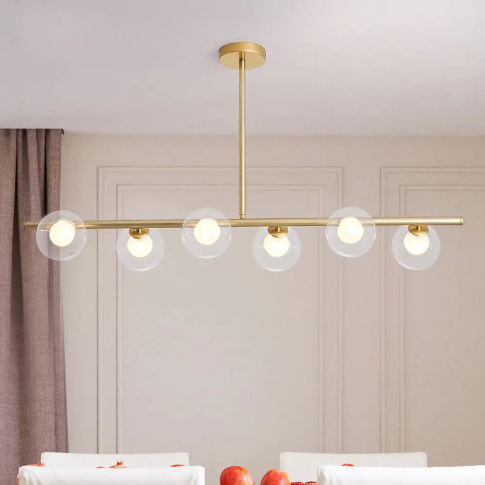 DecorBites™ Linear Island Light Fixture Nordic Metal 6 Heads Gold Hanging Lamp with Globe Clear Glass Shade
