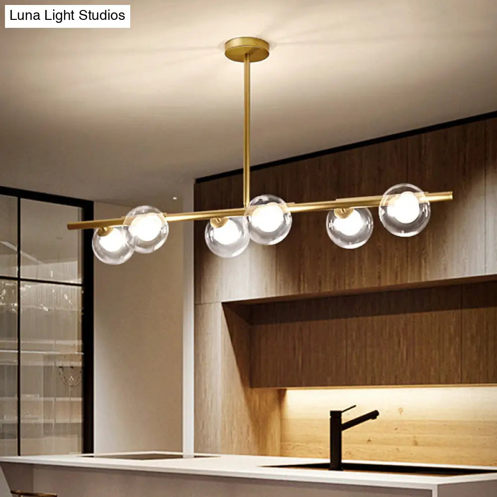 DecorBites™ Linear Island Light Fixture Nordic Metal 6 Heads Gold Hanging Lamp with Globe Clear Glass Shade