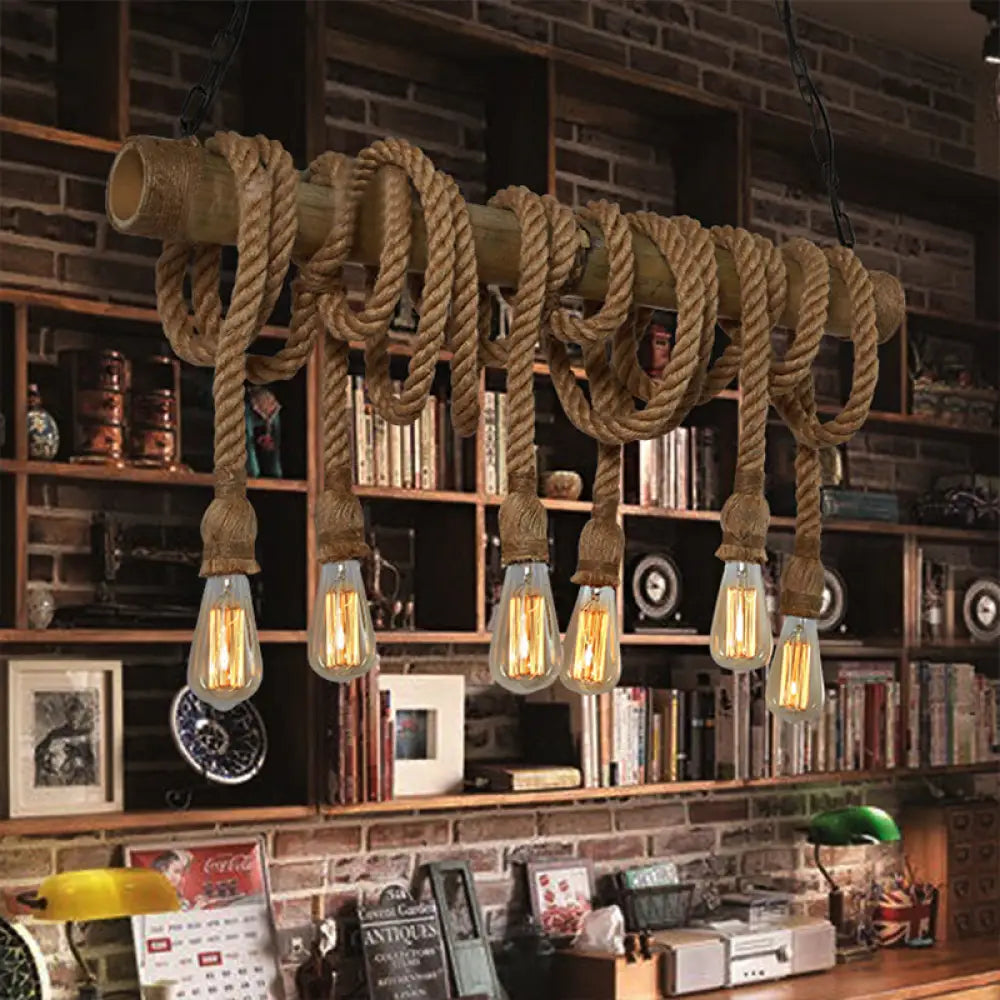 DecorBites™ Lodge Industrial Beige Island Light with Adjustable Rope and Bamboo - 3/4 Lights Open Bulb