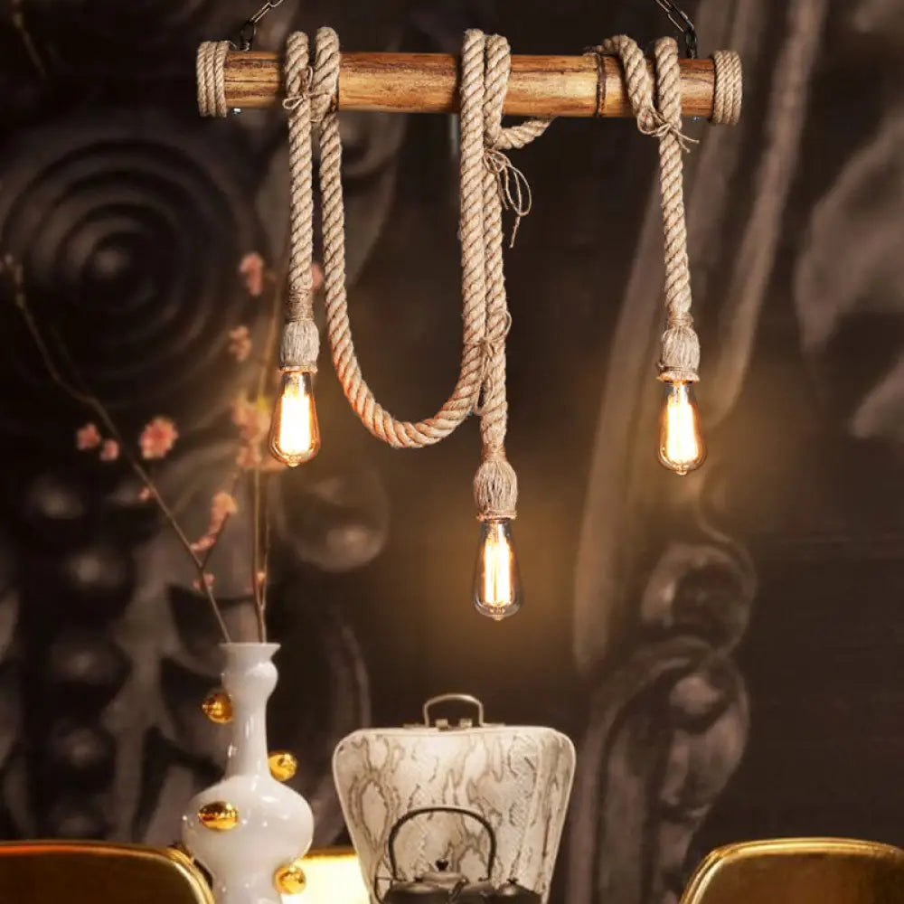 DecorBites™ Lodge Industrial Beige Island Light with Adjustable Rope and Bamboo - 3/4 Lights Open Bulb