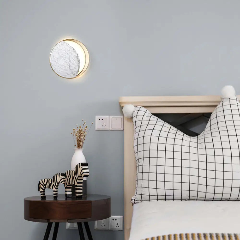 DecorBites™ Marble Gold LED Wall Light with Moon Sconce Design and Metallic Ring - Elegant Bedside Fixture