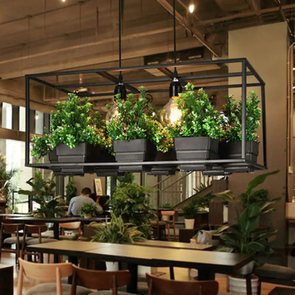 DecorBites™ Metal 2-Head Rectangle Pendant Light Fixture for Restaurants with Hanging Artificial Bonsai