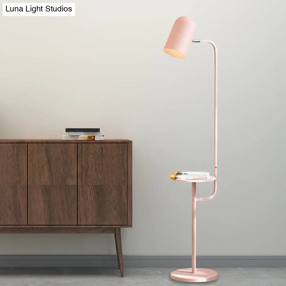DecorBites™ Metal Floor Light Warehouse: Bell Shaped Living Room Reading Lamp with Wood Shelf Deco - Pink/Yellow/Green Bulb