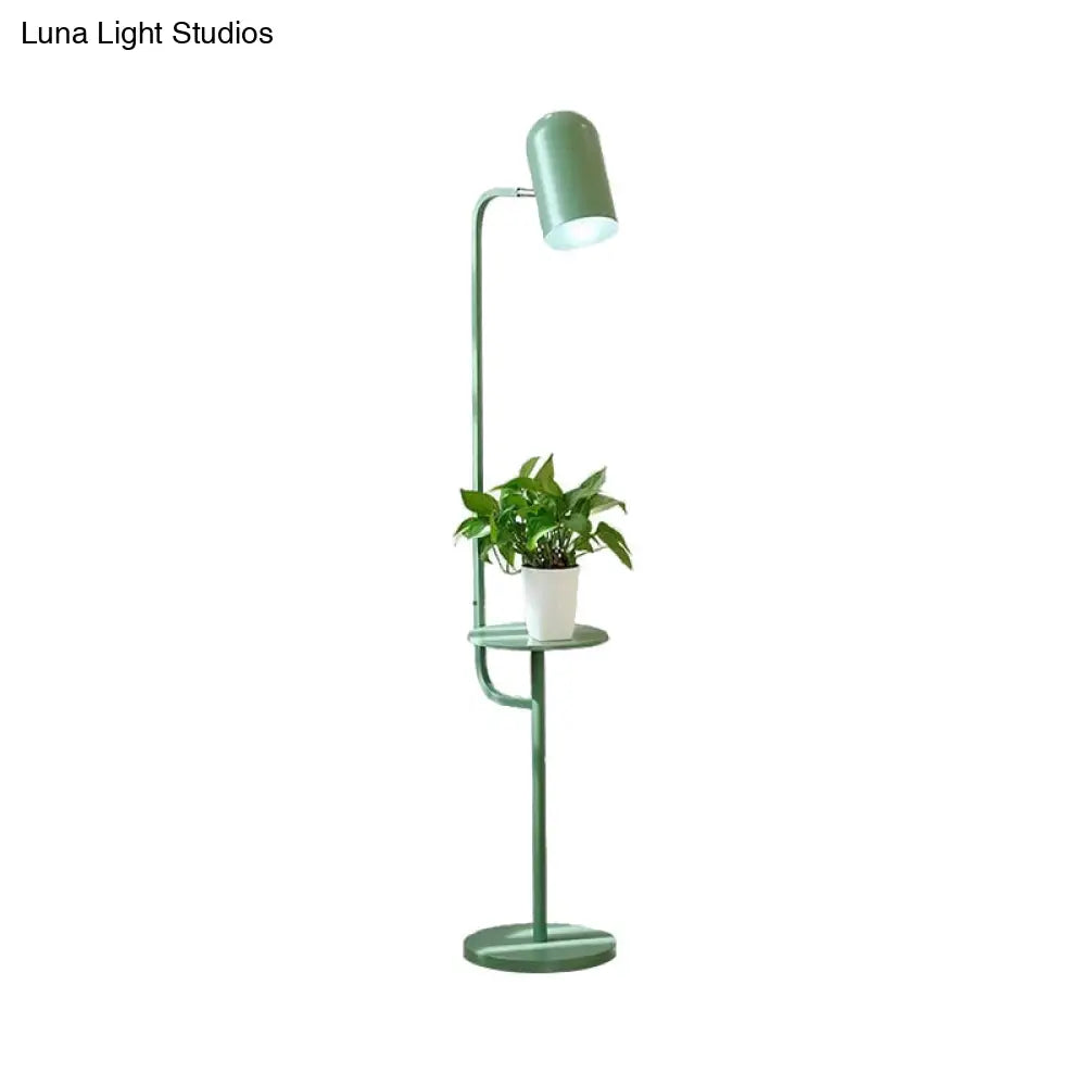 DecorBites™ Metal Floor Light Warehouse: Bell Shaped Living Room Reading Lamp with Wood Shelf Deco - Pink/Yellow/Green Bulb