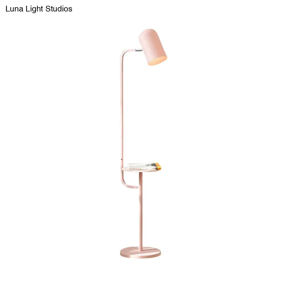 DecorBites™ Metal Floor Light Warehouse: Bell Shaped Living Room Reading Lamp with Wood Shelf Deco - Pink/Yellow/Green Bulb
