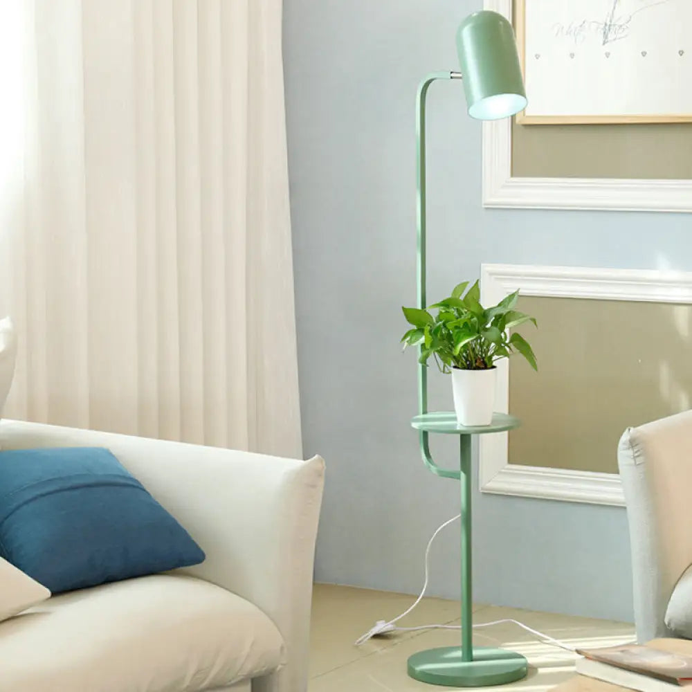 DecorBites™ Metal Floor Light Warehouse: Bell Shaped Living Room Reading Lamp with Wood Shelf Deco - Pink/Yellow/Green Bulb