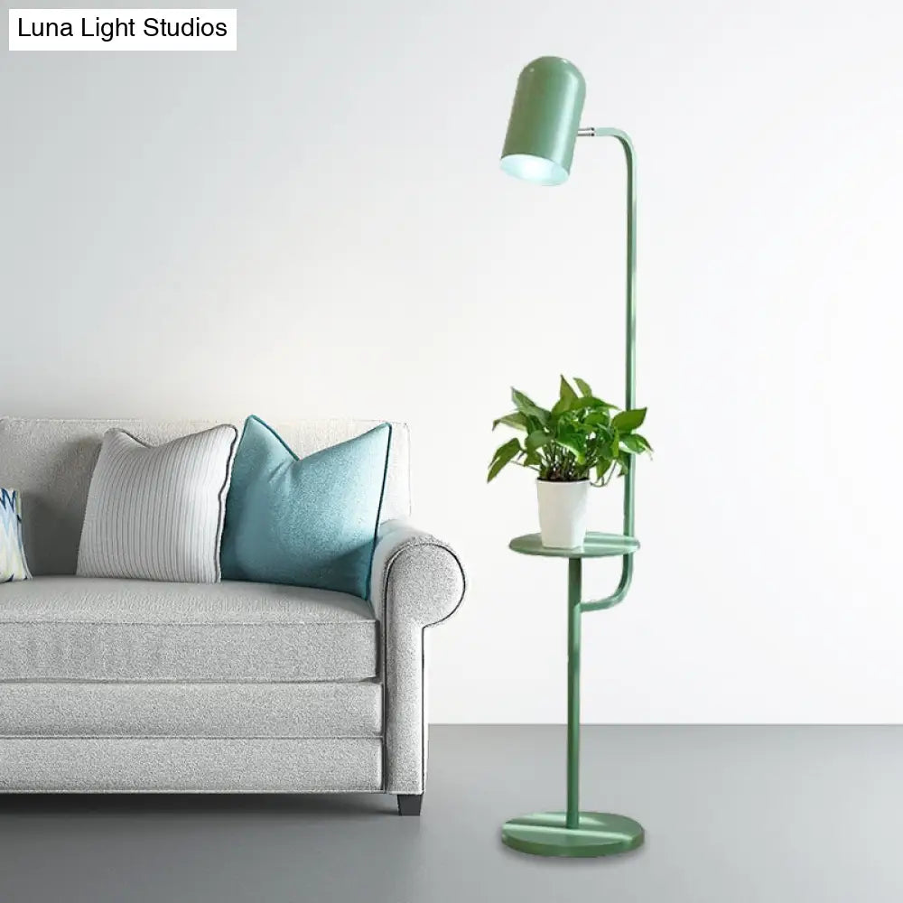 DecorBites™ Metal Floor Light Warehouse: Bell Shaped Living Room Reading Lamp with Wood Shelf Deco - Pink/Yellow/Green Bulb