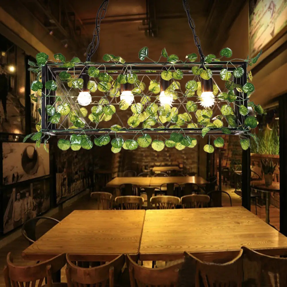 DecorBites™ Metal Island Pendant - Antique Black Rectangle with LED Down Lighting and Plant Decor