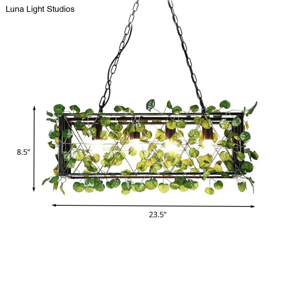 DecorBites™ Metal Island Pendant - Antique Black Rectangle with LED Down Lighting and Plant Decor