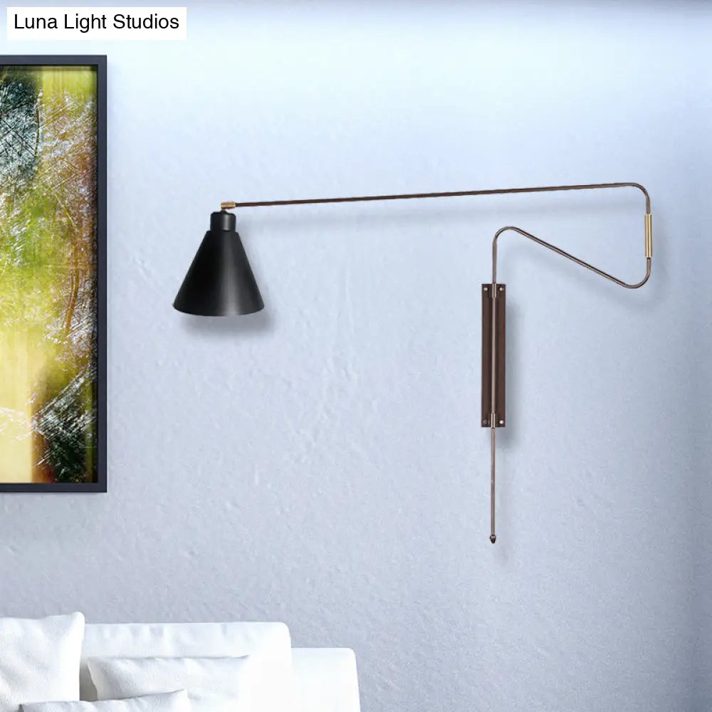 DecorBites™ Metal Wall Lamp with Long Curved Arm & Rotatable Cone Shade - Antique Coffee/Black/Gold Finish - Ideal for Living Room