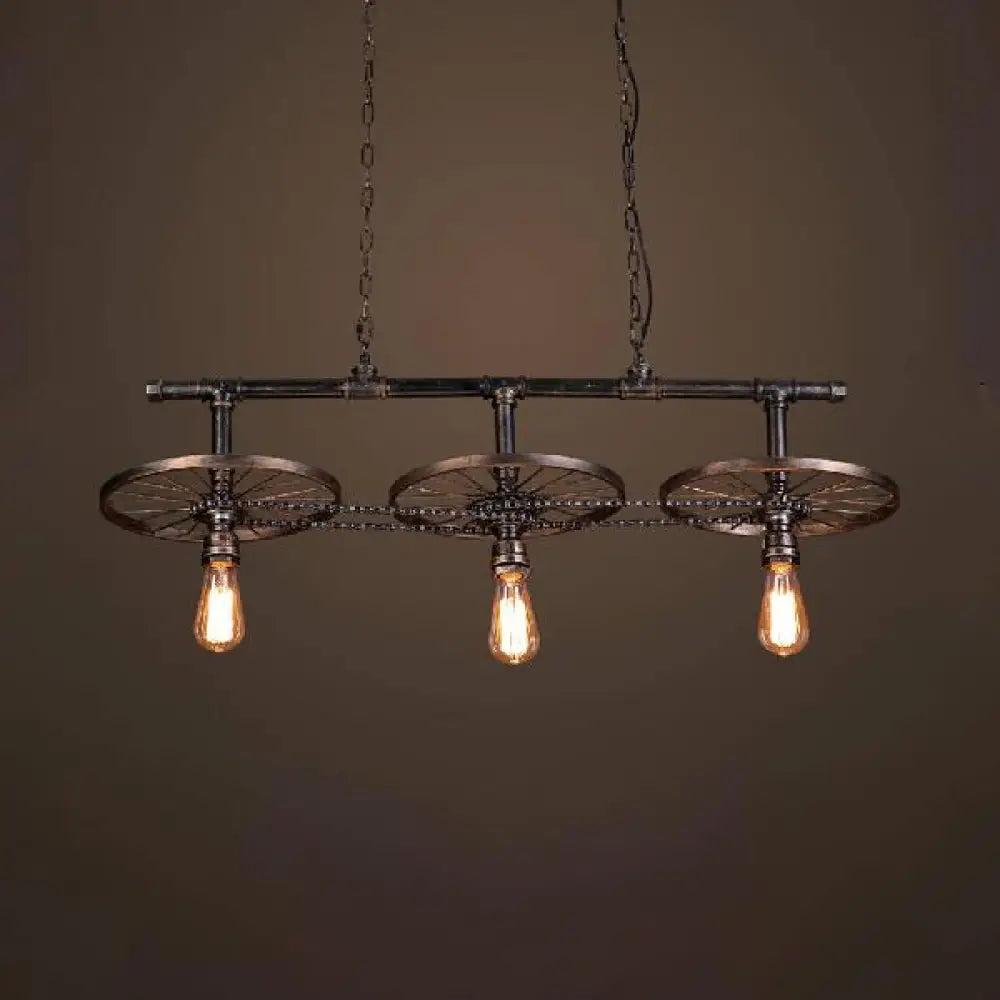 DecorBites™ Metallic Island Pendant Light with Industrial Bare Bulb Design - 3 Lights & Wheel Decor in Bronze