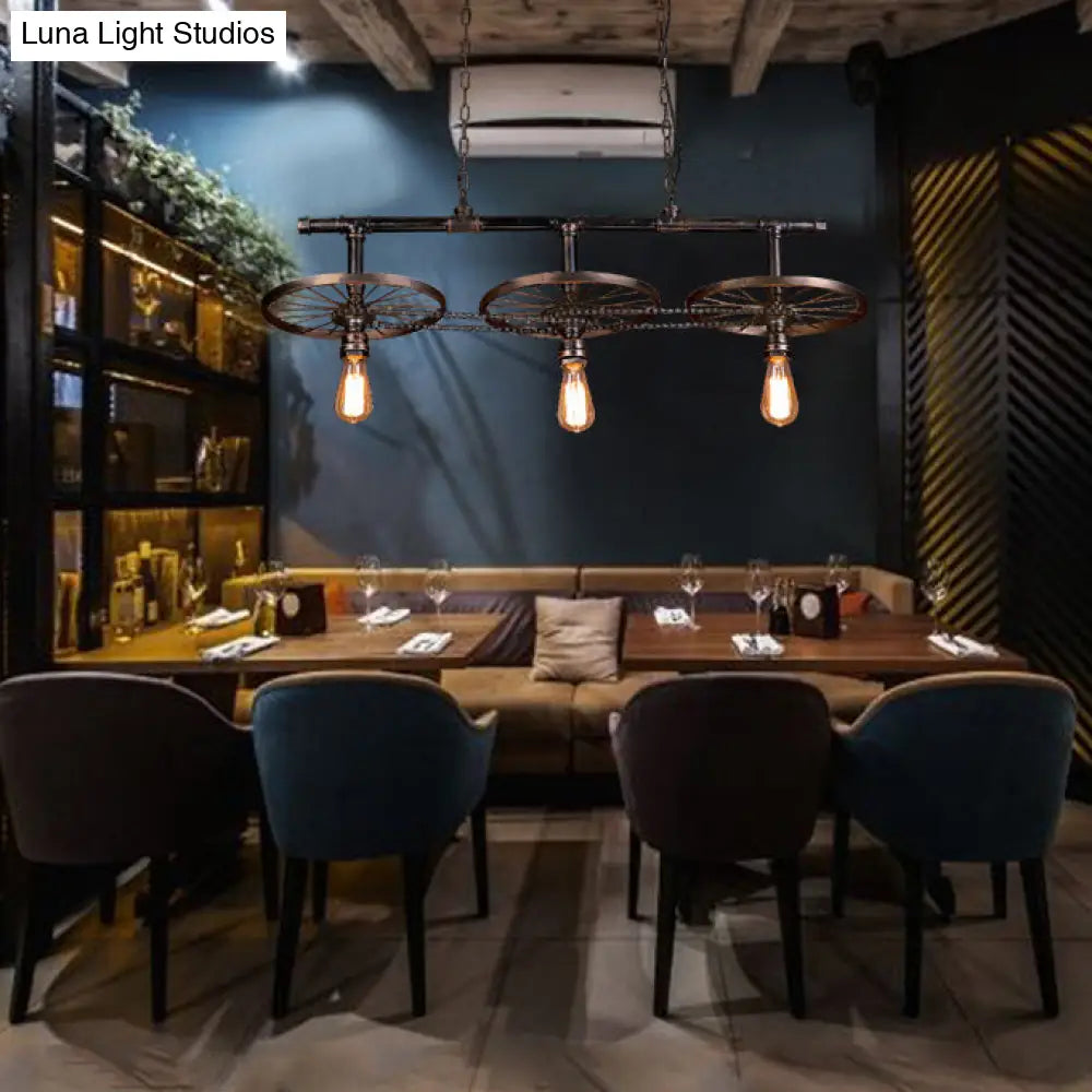 DecorBites™ Metallic Island Pendant Light with Industrial Bare Bulb Design - 3 Lights & Wheel Decor in Bronze