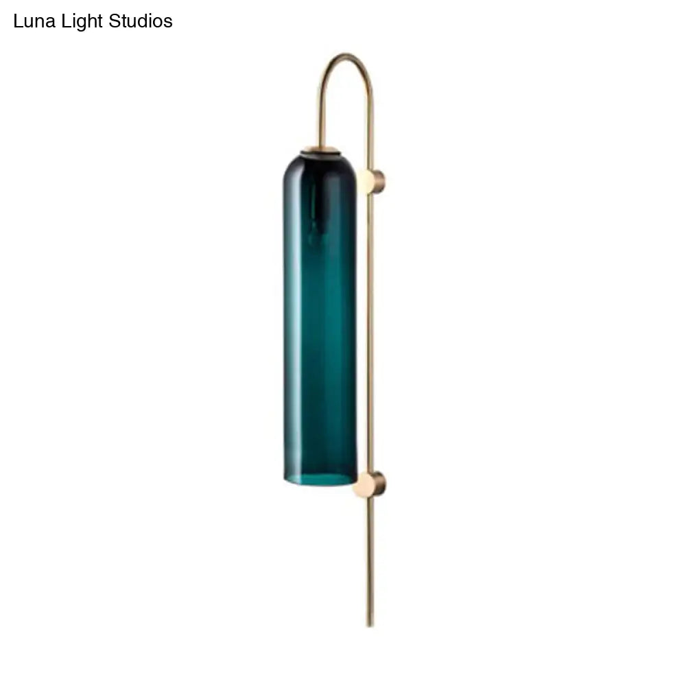 DecorBites™ Mid Century Gooseneck Wall Sconce, Brass Finish with Blue Glass Shade