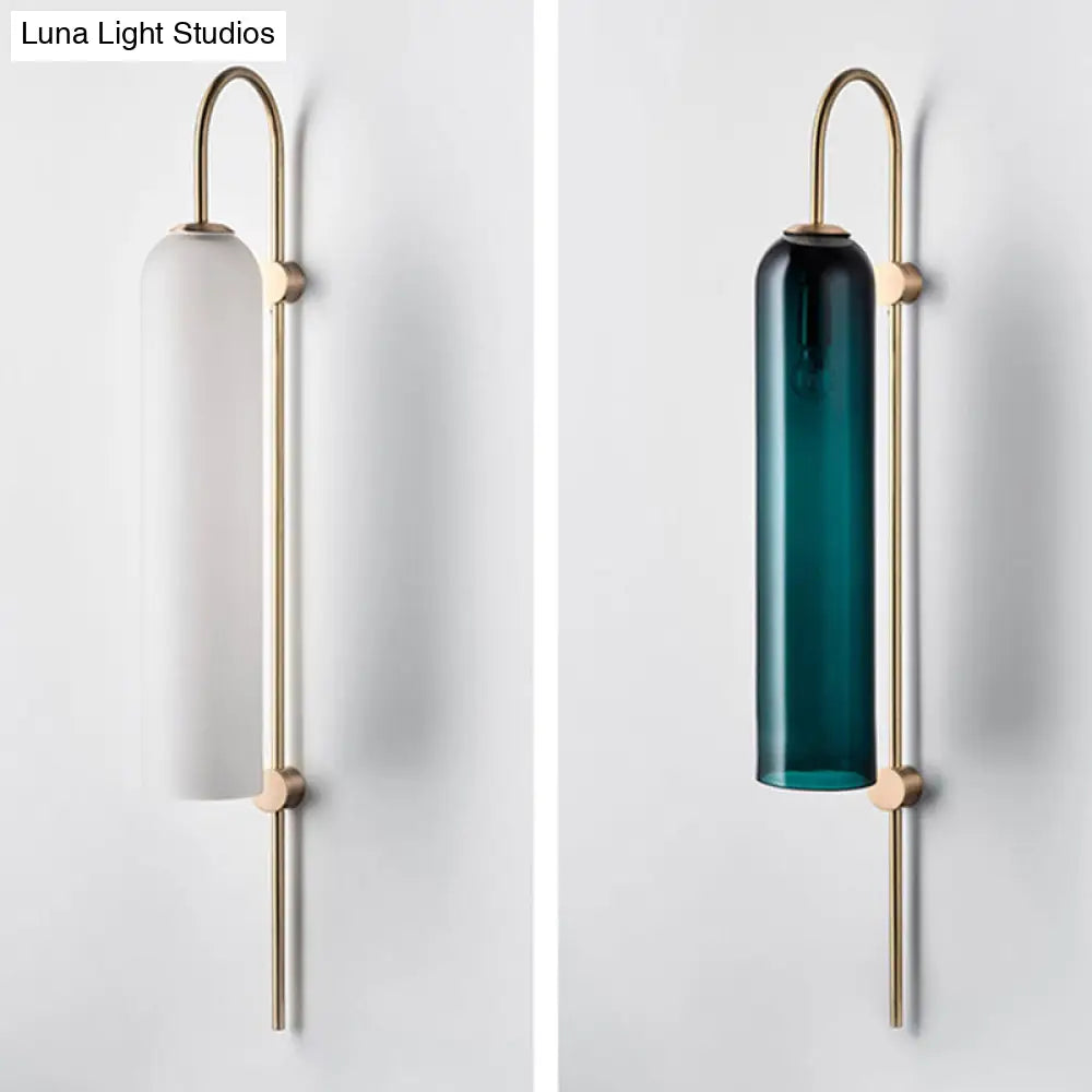 DecorBites™ Mid Century Gooseneck Wall Sconce, Brass Finish with Blue Glass Shade