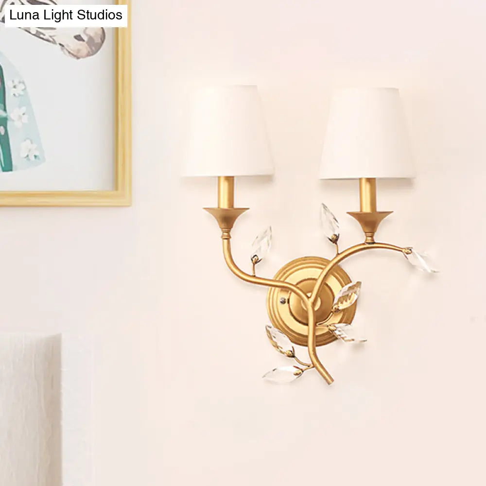 DecorBites™ Minimalist Beveled Crystal Wall Mount Lamp with Black/Gold Finish - 2 Bulbs, Conic Fabric Shade