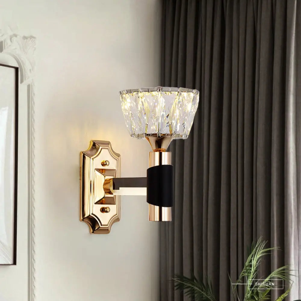 DecorBites™ Minimalist Black & Gold Crystal Block Wall Sconce – Half-Light Bowl Lamp