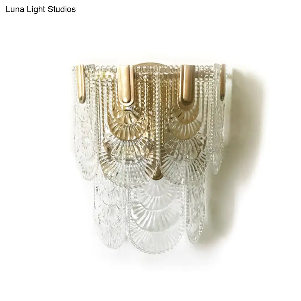 DecorBites™ Minimalist Brass Wall Light: Tiered Scalloped Crystal Fixture with 3 Bulbs