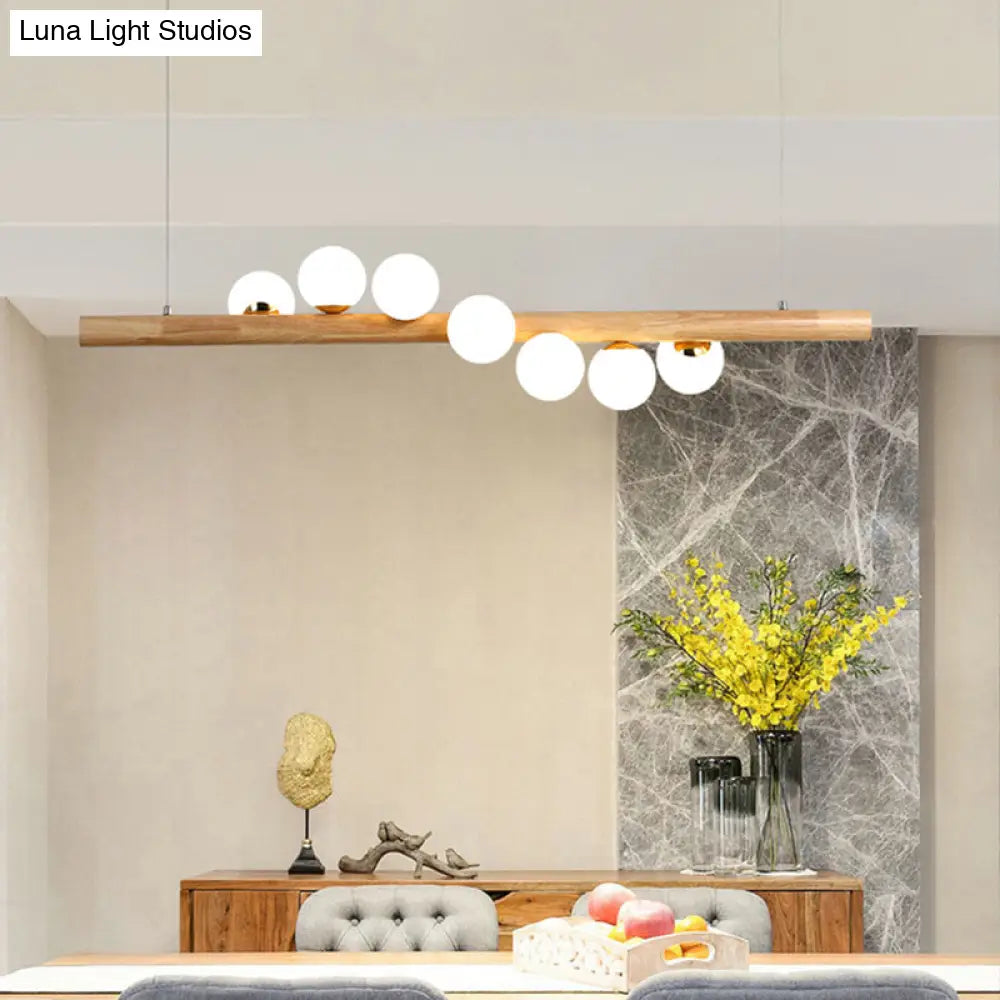 DecorBites™ Minimalist Cream Glass LED Pendant Light for Restaurants - Ball Island Ceiling Light with Wood Accent