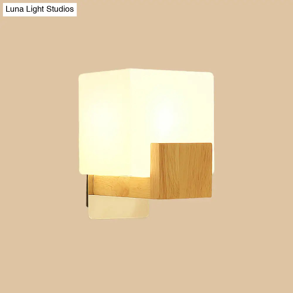DecorBites™ Minimalist Cube Wall Sconce with Opal Glass and Wood Detail