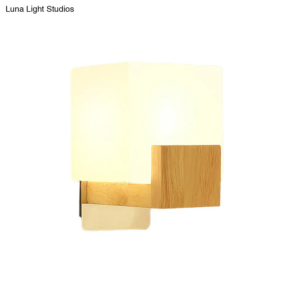 DecorBites™ Minimalist Cube Wall Sconce with Opal Glass and Wood Detail