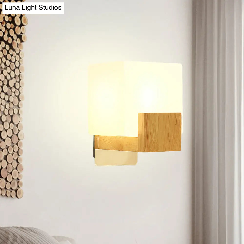 DecorBites™ Minimalist Cube Wall Sconce with Opal Glass and Wood Detail