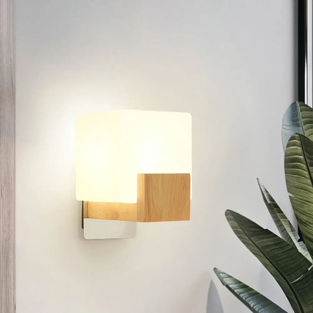 DecorBites™ Minimalist Cube Wall Sconce with Opal Glass and Wood Detail