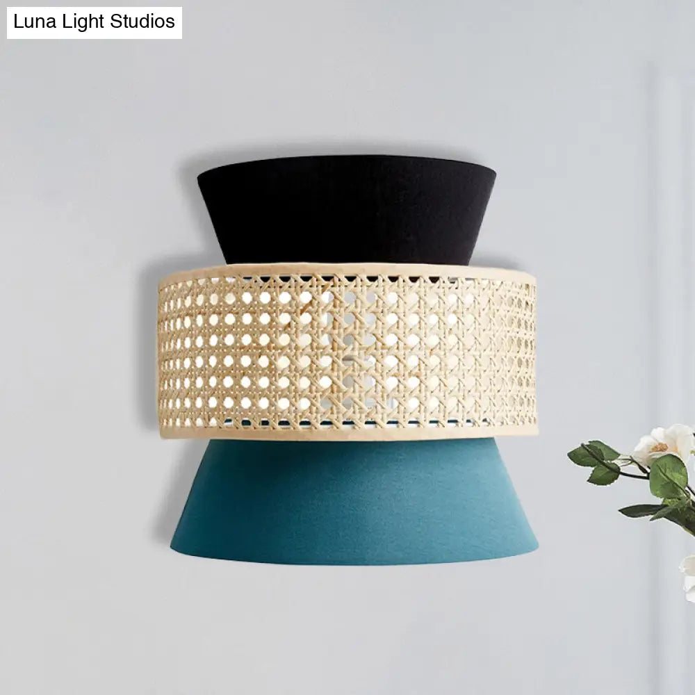 DecorBites™ Minimalist Dual Cone Wall Lamp with Fabric Shade | Black and Blue Sconce Lighting in Rattan Design
