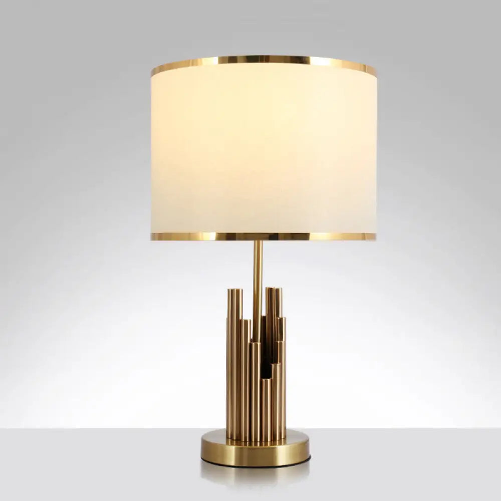 DecorBites™ Minimalist Fabric Round Shade Table Lamp - 1 Light Brass Nightstand Lighting for Study Room