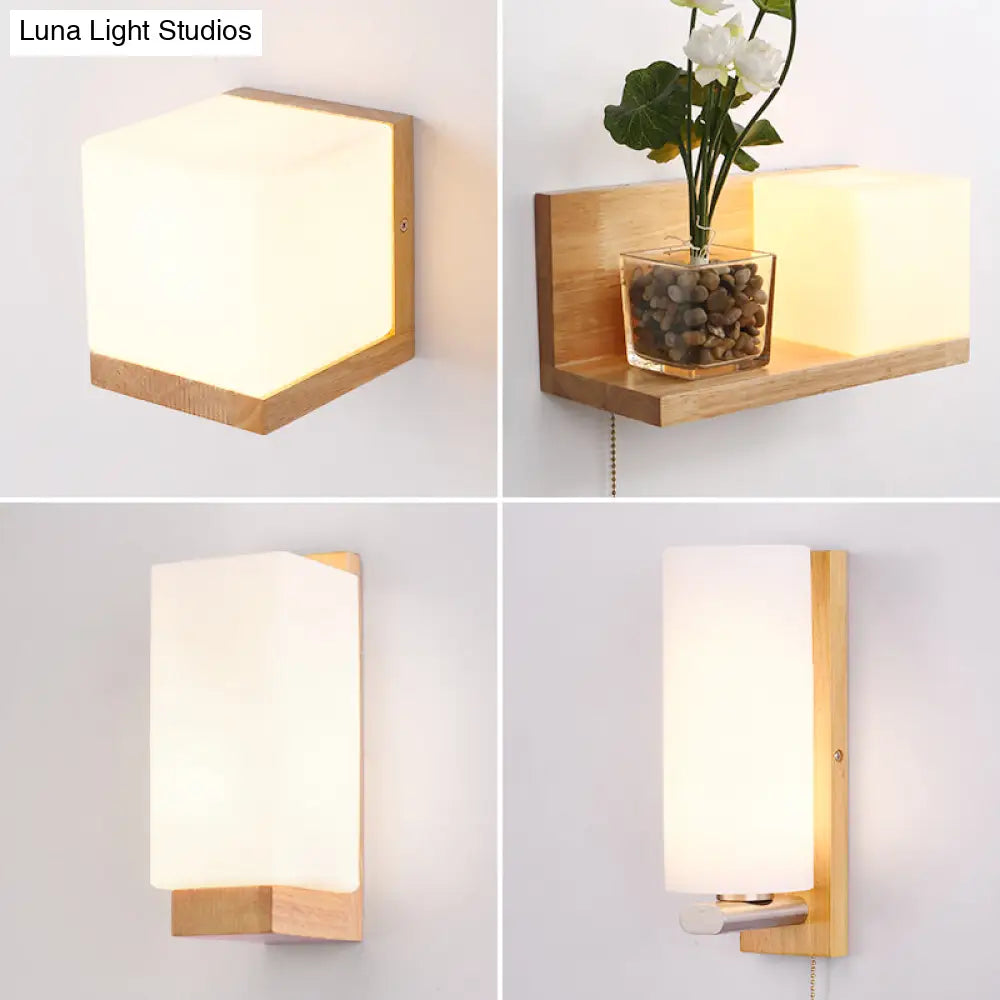 DecorBites™ Minimalist Geometric Stairs Wall Sconce - Cream Glass Single Flush Light in Wood