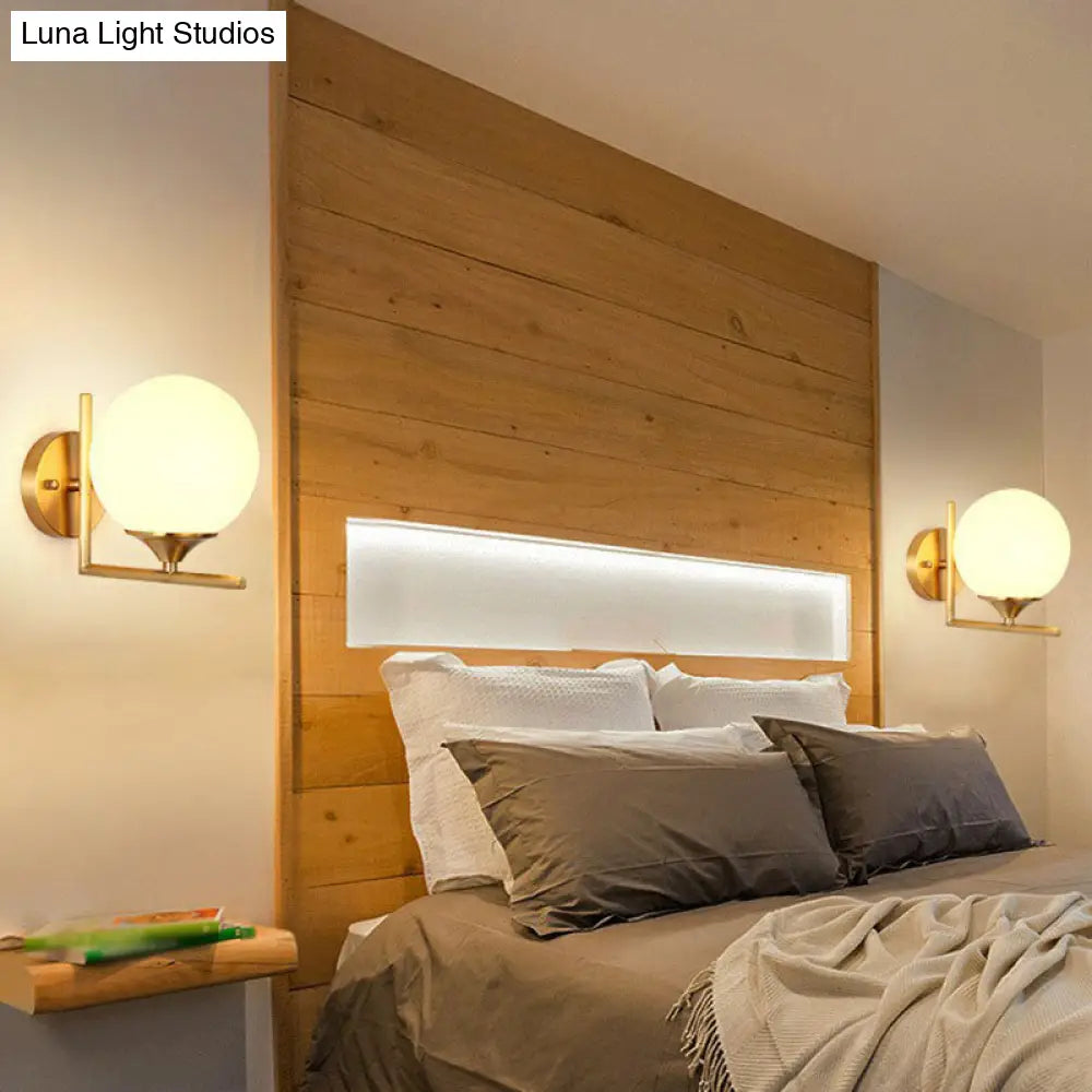 DecorBites™ Minimalist Gold Sphere Bedside Wall Sconce - 1-Light Milk Glass Wall Mounted Light with Right Angle Arm