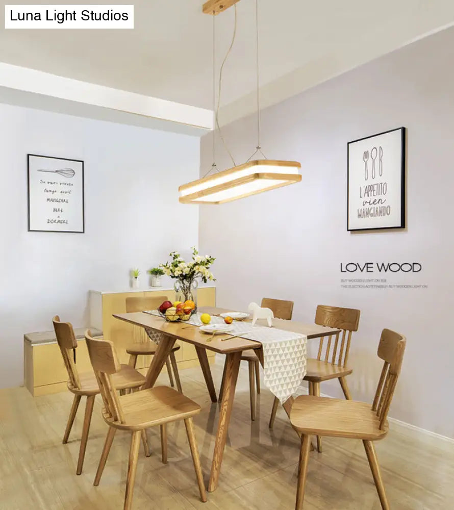 DecorBites™ Minimalist LED Wood Rectangular Hanging Island Lamp - Acrylic Ceiling Suspension for Dinners