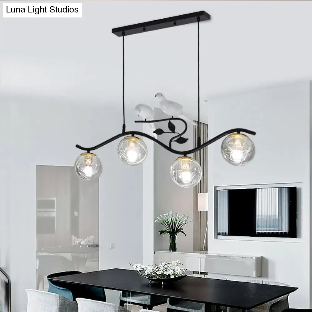 DecorBites™ Minimalist Metal Wavy Island Pendant with 4-Light Black Hanging Lamp, Ball Glass Shade, and Bird Deco