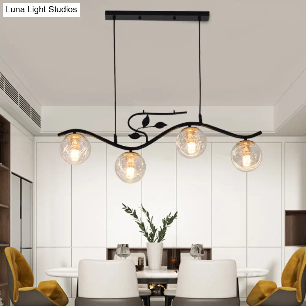 DecorBites™ Minimalist Metal Wavy Island Pendant with 4-Light Black Hanging Lamp, Ball Glass Shade, and Bird Deco