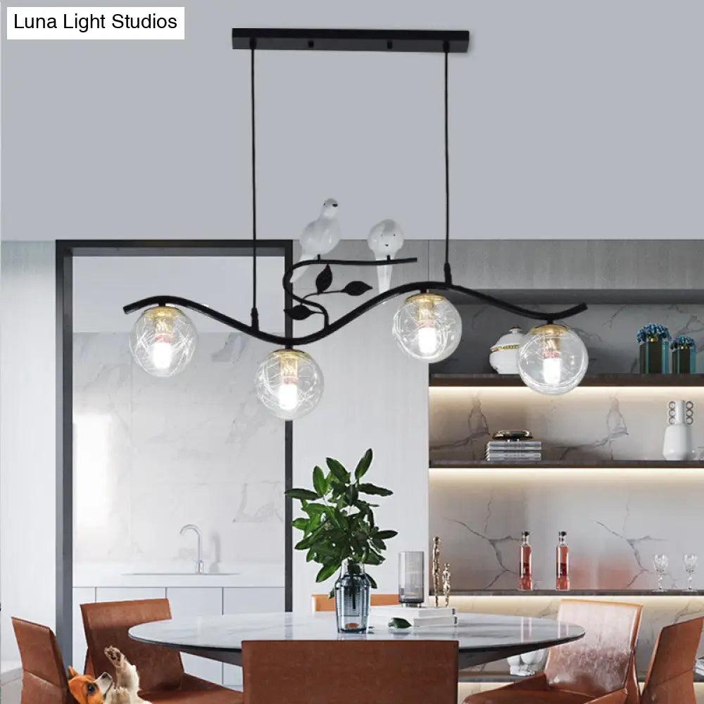 DecorBites™ Minimalist Metal Wavy Island Pendant with 4-Light Black Hanging Lamp, Ball Glass Shade, and Bird Deco