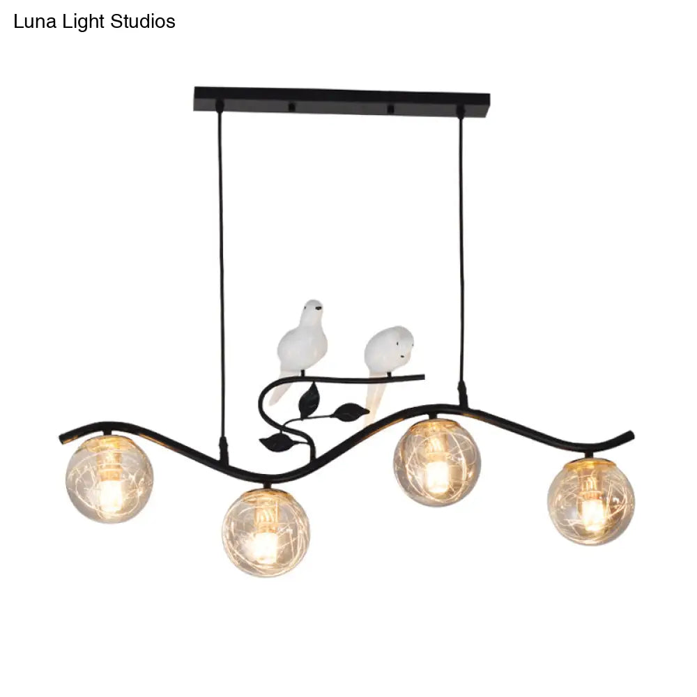 DecorBites™ Minimalist Metal Wavy Island Pendant with 4-Light Black Hanging Lamp, Ball Glass Shade, and Bird Deco