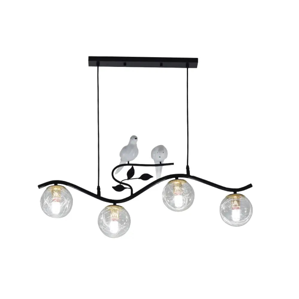 DecorBites™ Minimalist Metal Wavy Island Pendant with 4-Light Black Hanging Lamp, Ball Glass Shade, and Bird Deco