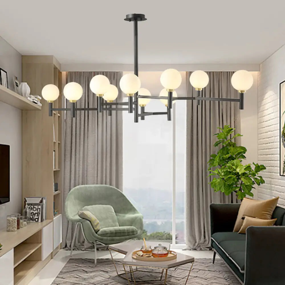 DecorBites™ Modern 10-Head Orbit Chandelier Pendant, White Glass, Black/White/Gold, for Living Room Island Lighting