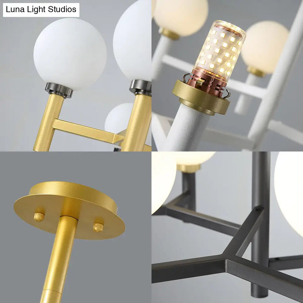DecorBites™ Modern 10-Head Orbit Chandelier Pendant, White Glass, Black/White/Gold, for Living Room Island Lighting
