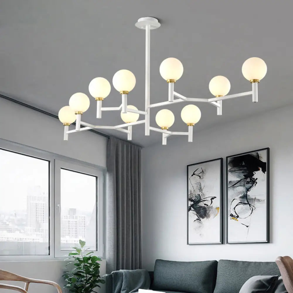 DecorBites™ Modern 10-Head Orbit Chandelier Pendant, White Glass, Black/White/Gold, for Living Room Island Lighting