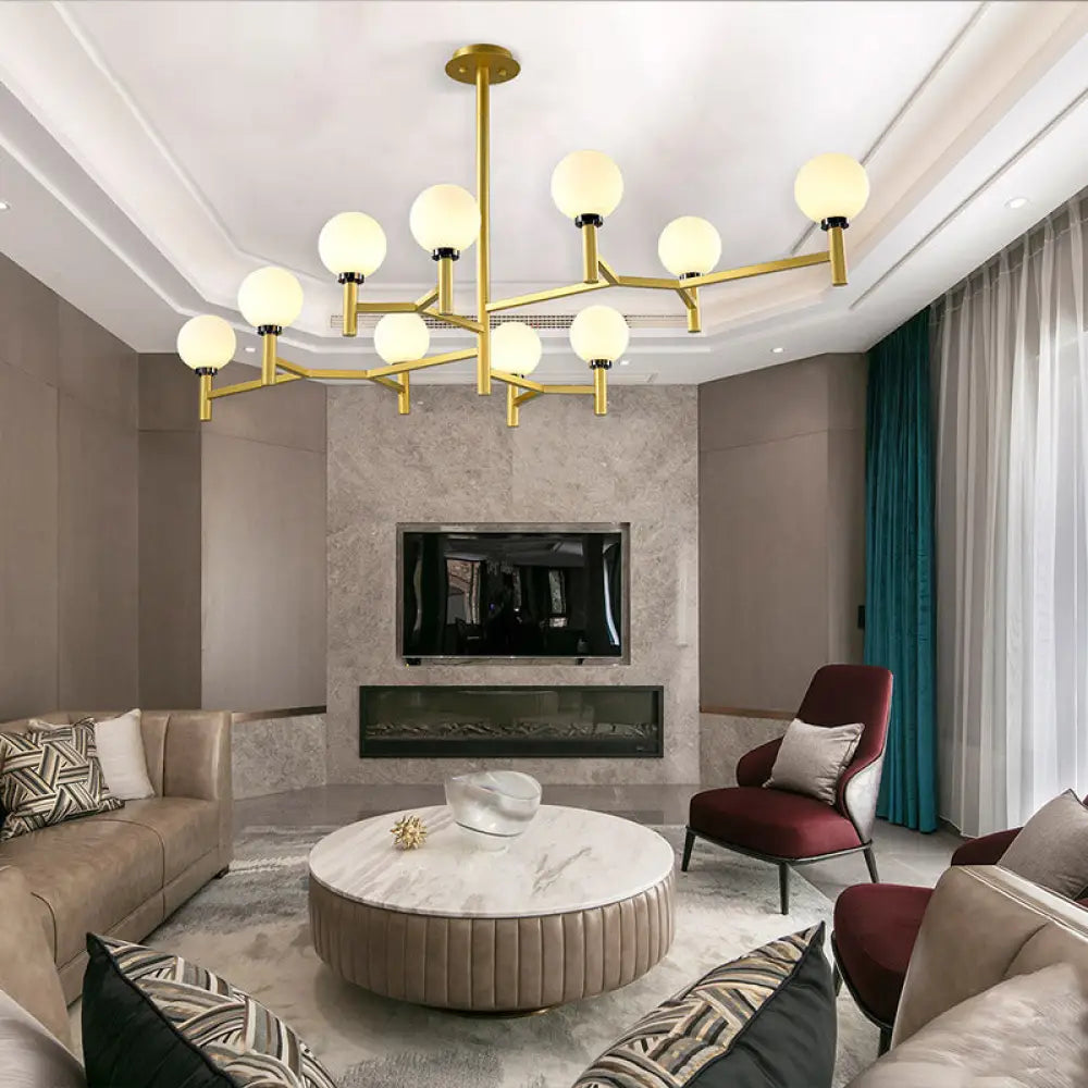 DecorBites™ Modern 10-Head Orbit Chandelier Pendant, White Glass, Black/White/Gold, for Living Room Island Lighting
