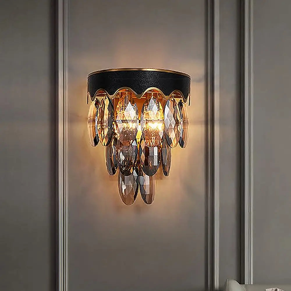 DecorBites™ Modern 3-Layer Black Wall Mount Lighting: Beveled K9 Crystal Wall Sconce with 2 Lights for Bedside
