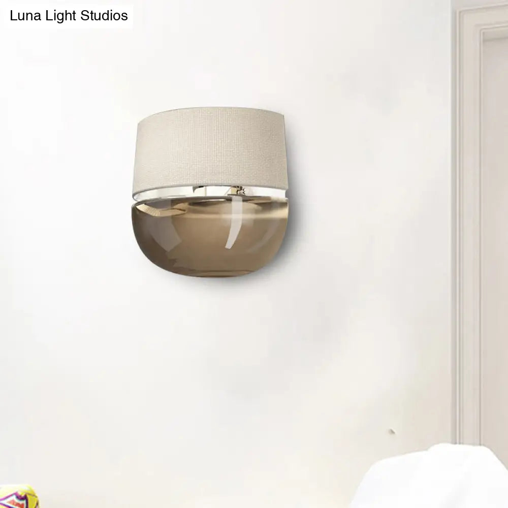 DecorBites™ Modern Arched Wall Sconce in White with Grid Pattern Fabric and Tan Glass Bottom
