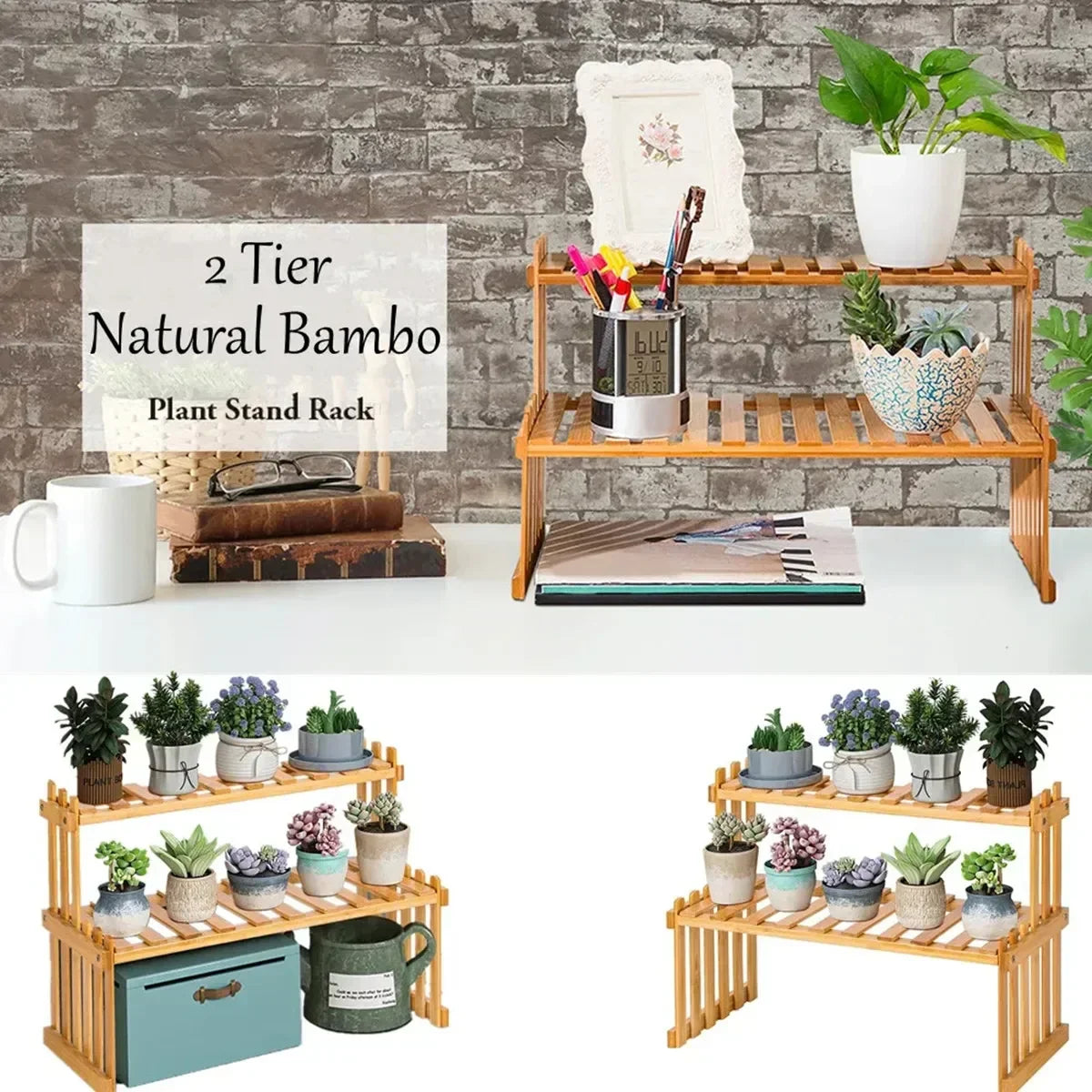 DecorBites™ Modern Bamboo 2-Tier Plant Display Stand