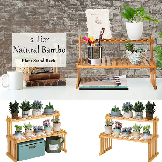 DecorBites™ Modern Bamboo 2-Tier Plant Display Stand