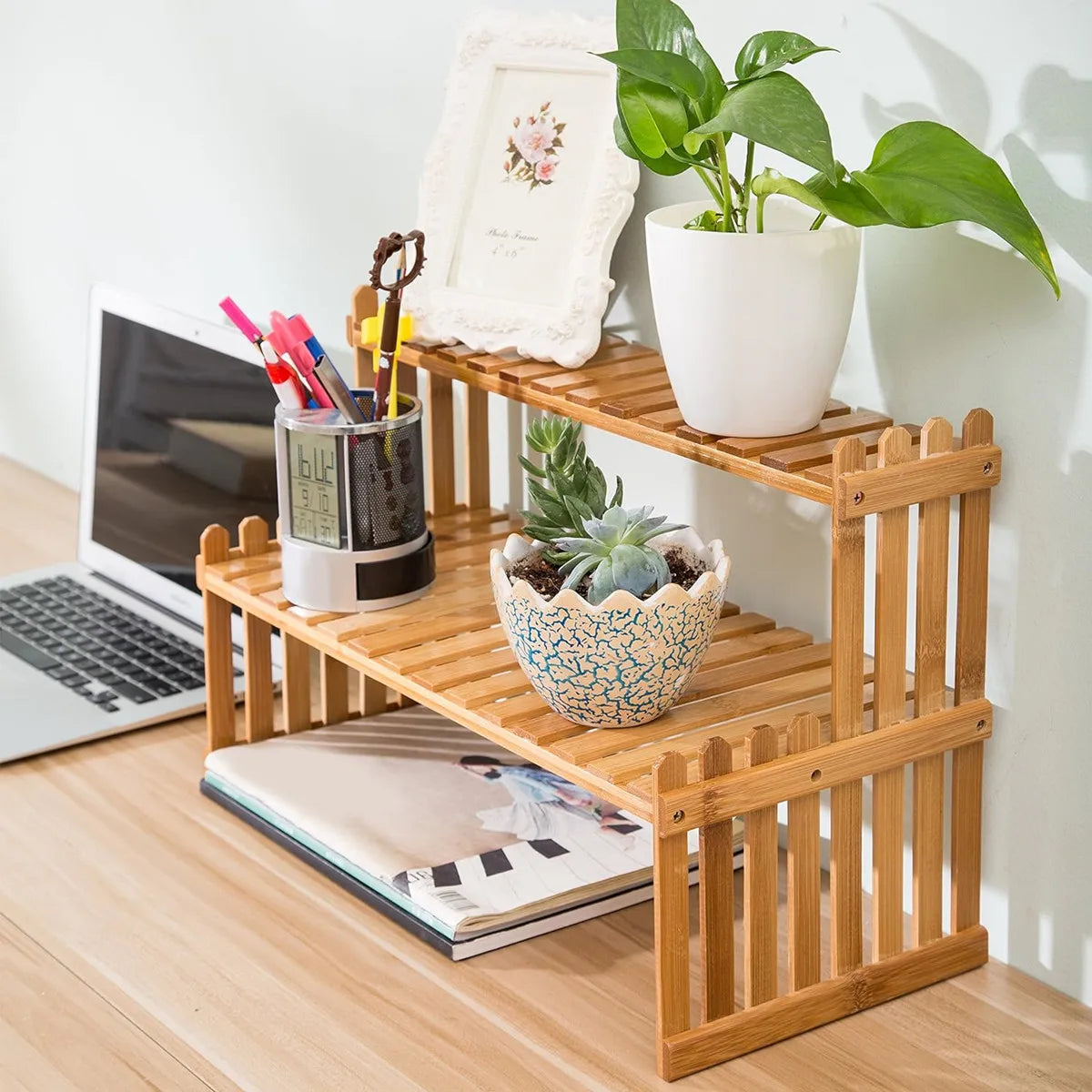DecorBites™ Modern Bamboo 2-Tier Plant Display Stand