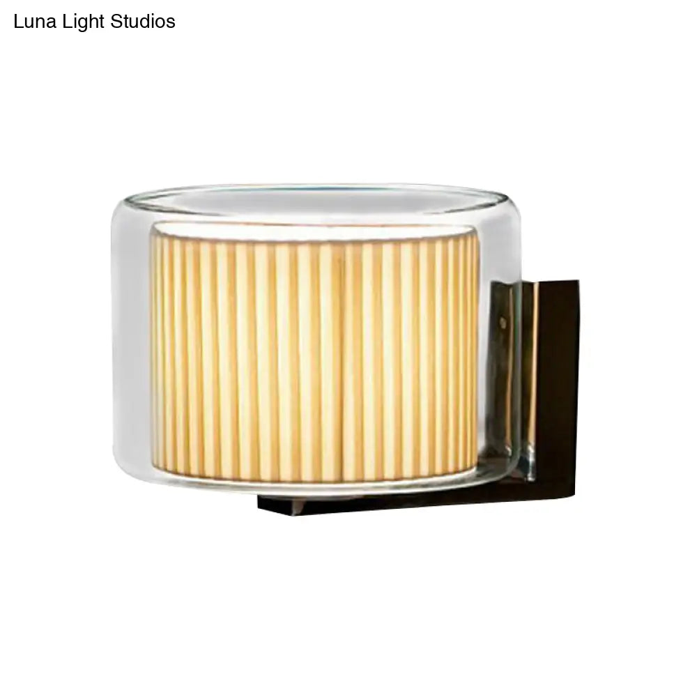 DecorBites™ Modern Beige Drum Wall Lamp with Pleated Fabric Shade and Transparent Glass Shade