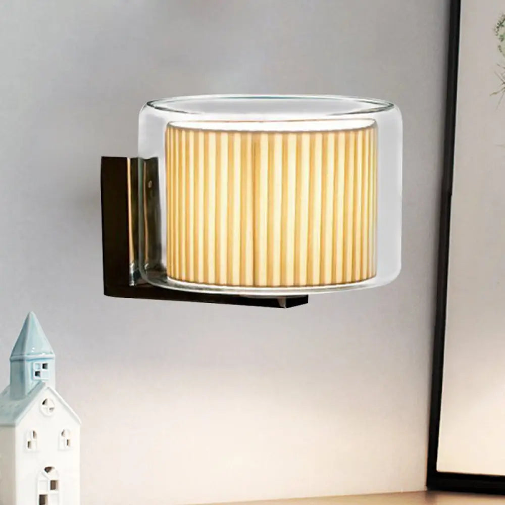 DecorBites™ Modern Beige Drum Wall Lamp with Pleated Fabric Shade and Transparent Glass Shade