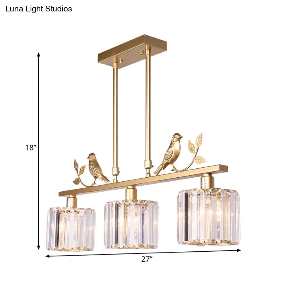DecorBites™ Modern Black/Gold Chandelier Lamp with Clear Crystal Drum Shade, Bird Accent - 3 Heads Hanging Light Fixture